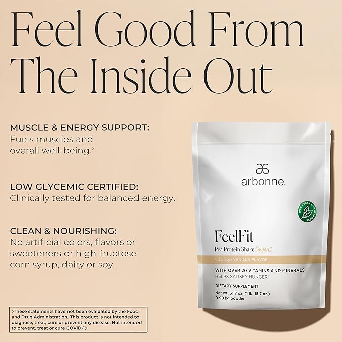 Arbonne Feelfit Pea Protein Shake - Daily Supplement Powder, Vegan Protein for Support of Overall Health, Energy and Well-Being, Vanilla