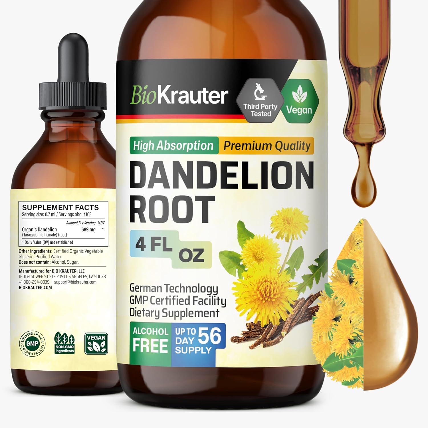 BIO KRAUTER Dandelion Tincture - Pure Dandelion Root Supplement for Liver & Kidney Support - 4 Fl. Oz - 56 Days of Supply - Vegan Extract Liquid Drops Non-GMO, No Fillers, No Sugar & Non-Alcohol