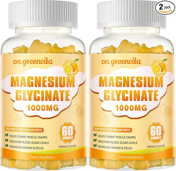 Magnesium Glycinate Gummies 1000mg - Sugar Free Magnesium Potassium Supplement with Vitamin D, B6, CoQ10 for Calm Mood & Sleep Support - 120 Orange Gummies 2 Pack