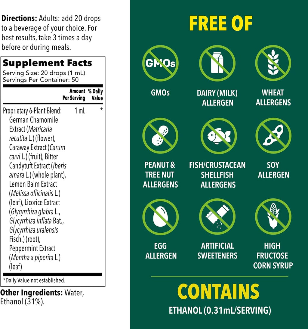Iberogast Liquid Drops, Herbal Relief of Stomach Upsets: Occasional Indigestion, Bloating, Gas, Nausea, Upset Stomach; Gluten Free; 6-Herb Blend with Iberis Amara, Peppermint, Licorice; 50mL