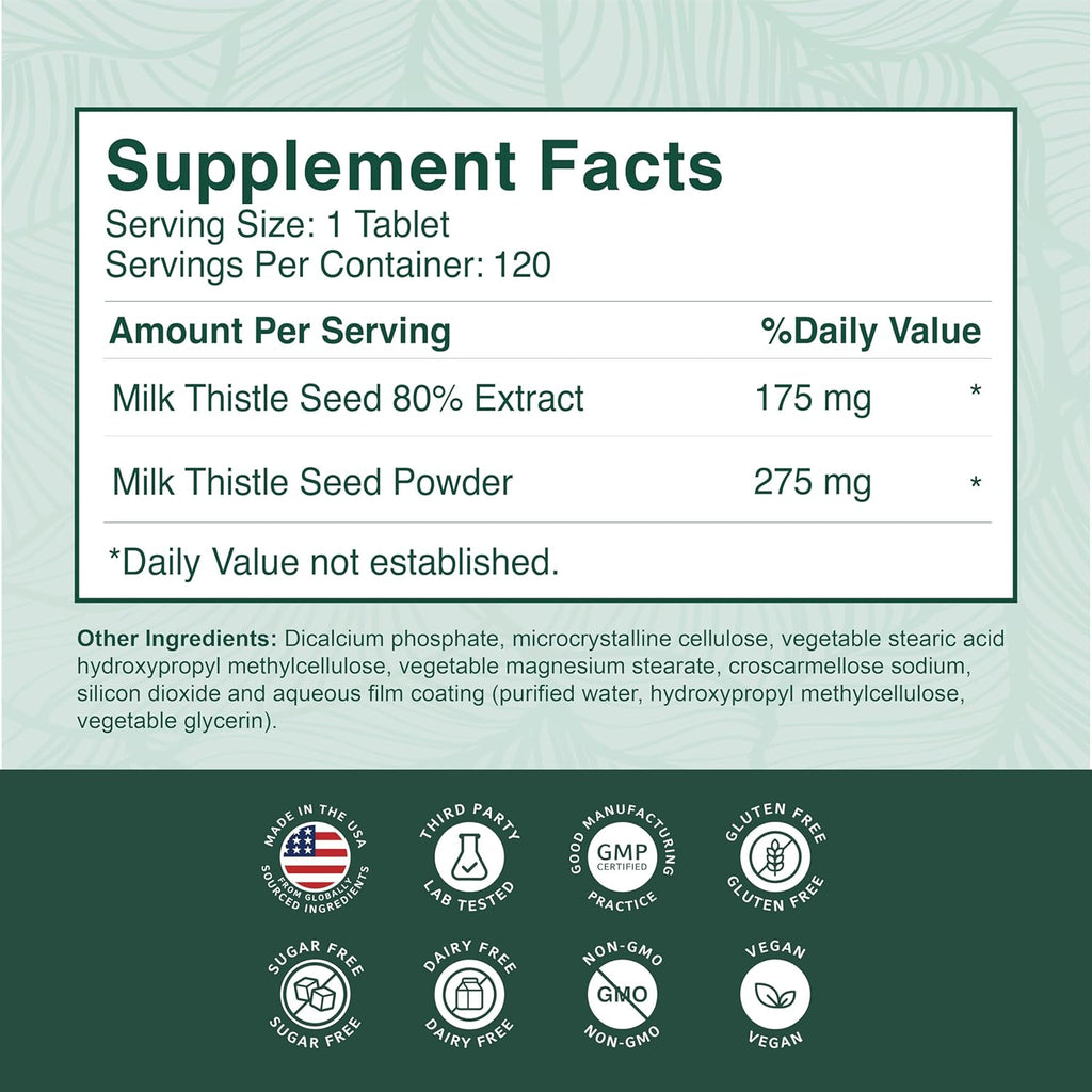 PurePremium Milk Thistle Supplement, 120 Tablets, 80% Silymarin Standardized Extract - High Potency Pure 450mg Complex – Supports Normal Liver Function & Overall Health – Non-GMO, Gluten-Free