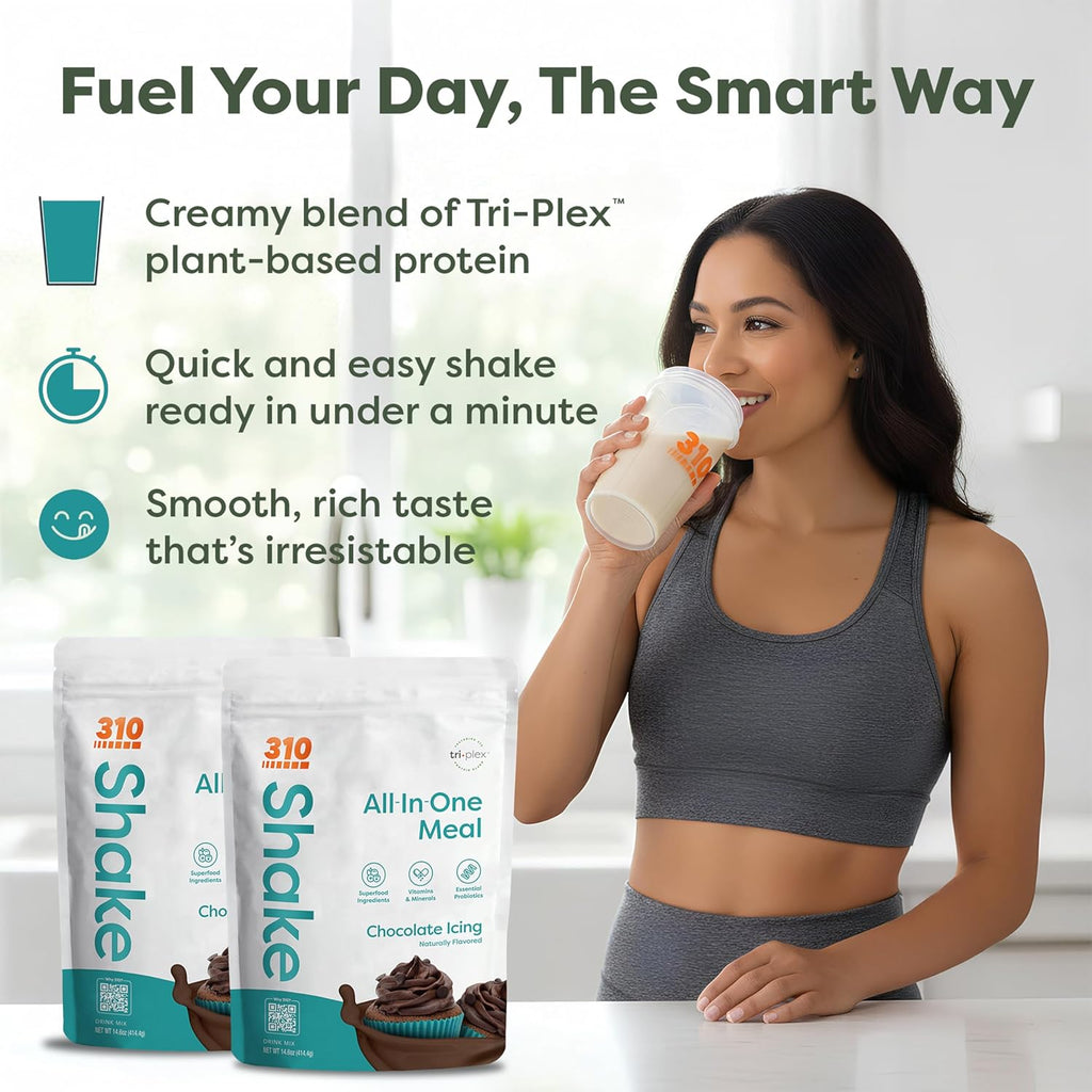 310 Nutrition All-In-One Meal Replacement Shake Powder - Plant-Based Protein Smoothie Blend w/High Fiber, Probiotics & Adaptogens - Low Carb, Vegan, Keto & Paleo Friendly - Chocolate Icing - 28 Srv