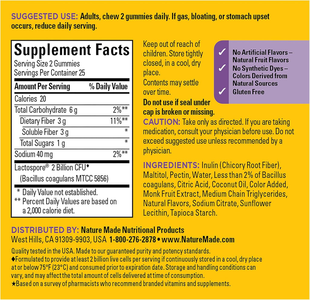 Nature Made Probiotic + Prebiotic Fiber Gummies, Gut Health, Fiber Supplement and Probiotics for Digestive Health, 50 Gummies, 25 Day Supply