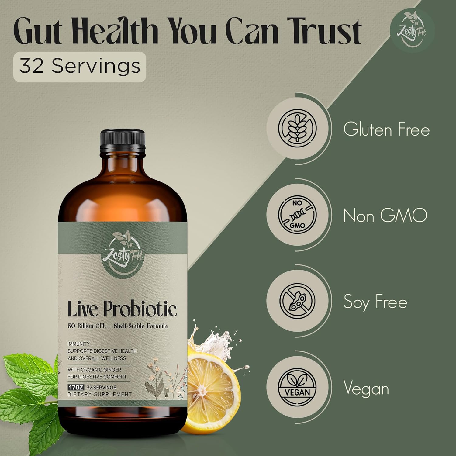 Liquid Probiotic - Natural Probiotic Blend with 50 Billion CFU - Helps Promote Immune Support & Gut Health for Men & Women - No Additives & Fillers -Vegan - Formulated in The USA, 17 fl oz