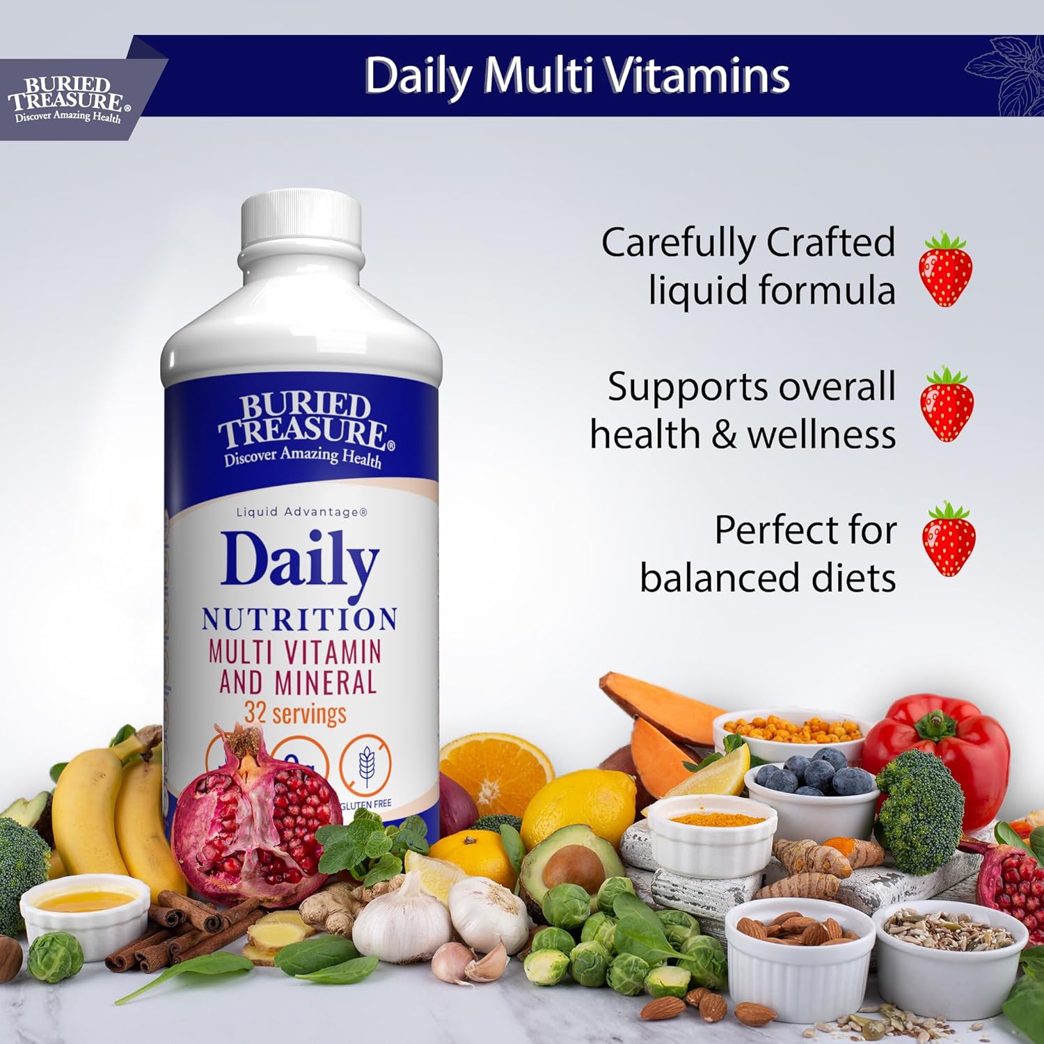 Buried Treasure Daily Nutrition Liquid Multivitamin and Mineral Supplement with Trace Minerals, Superfoods, Vitamin A, B-Complex, C, D, E, Methylfolate, Biotin, Magnesium, Zinc, Resveratrol, 32 serv