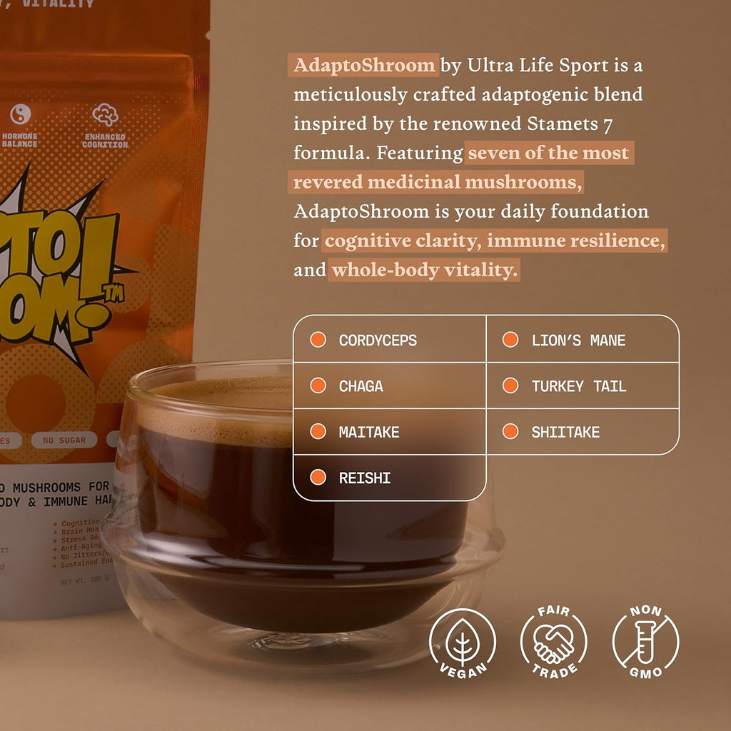 Ultra Life Sport - AdaptoShroom 7 Adpatogenic Mushrooms - USDA Organic Mushroom Supplement - Cordyceps, Lion’s Mane, Chaga, Turkey Tail, Maitake, Shiitake, & Reishi - Immunity Support Adaptogen Drink