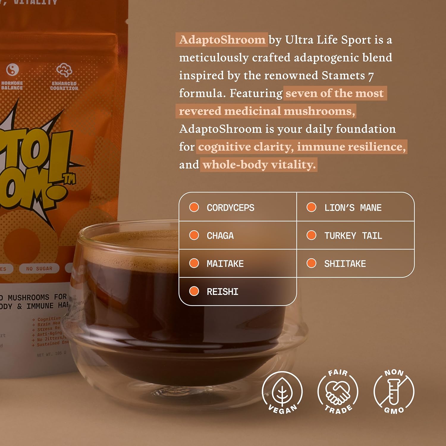 Ultra Life Sport - AdaptoShroom 7 Adpatogenic Mushrooms - USDA Organic Mushroom Supplement - Cordyceps, Lion’s Mane, Chaga, Turkey Tail, Maitake, Shiitake, & Reishi - Immunity Support Adaptogen Drink