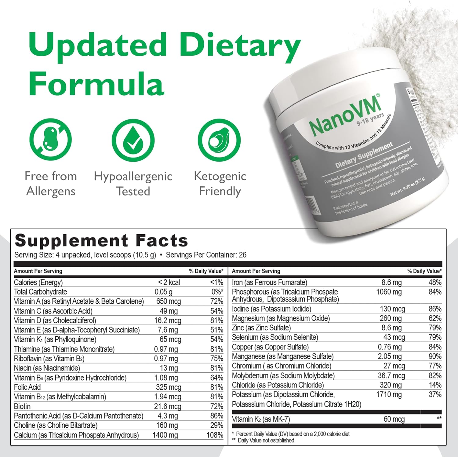 9-18 Years, Allergen-Free Kids Multivitamin, Unflavored Powdered Vitamins, Multivitamin Powder with 13 Vitamins & 13 Minerals, Low-Carbohydrate Vitamin Supplements, 275g - Solace Nutrition