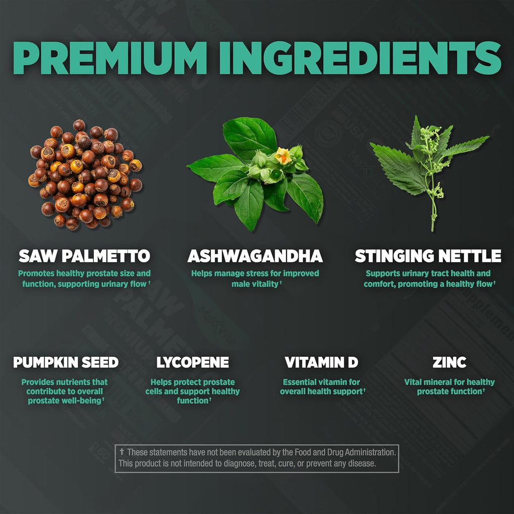 Prostate Premium - Saw Palmetto for Men, Stinging Nettle, Ashwagandha, Lycopene, Bladder & Urinary Relief, Prostate Supplement for Men, 60ct