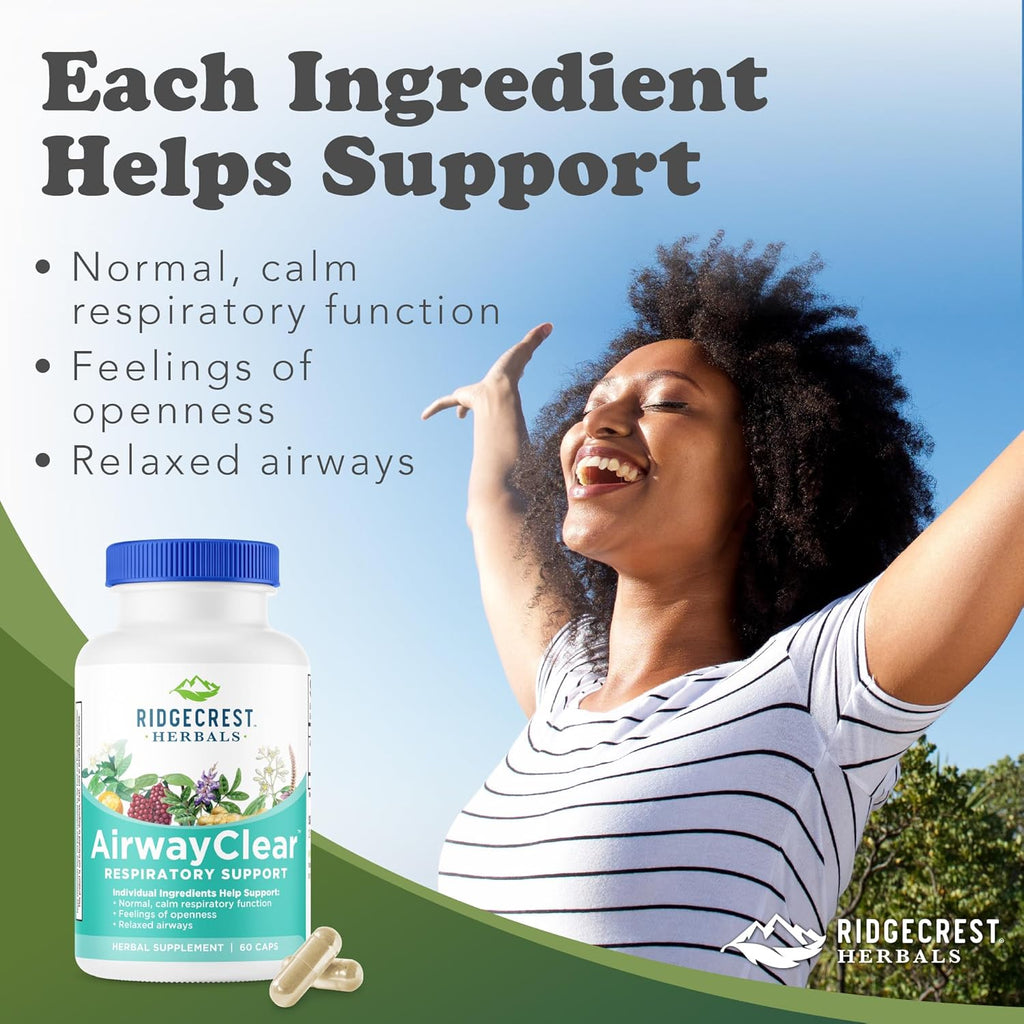 Ridgecrest Herbals AirwayClear, Lung Health and Breathing Support Supplements with Schisandra Fruit, Cassia Bark and Ginger Root, Sinus, Mucus Support, Gluten Free (60 Vegan Caps, 30 Serv)