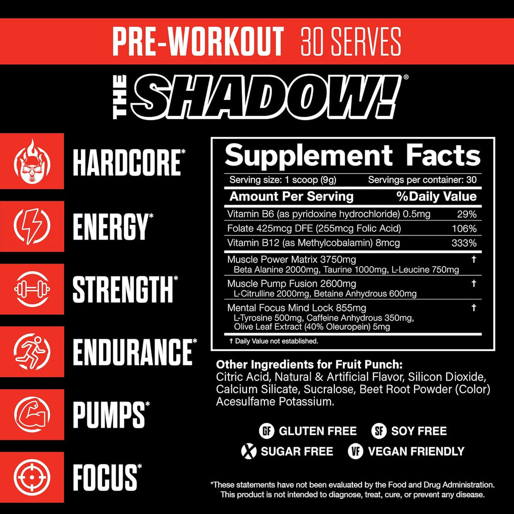 JNX SPORTS The Shadow! 350mg of Caffeine Hard Core Preworkout - Fruit Punch 30 Servings | Electric Energy, Mental Focus & Superhuman Strength for Men & Women