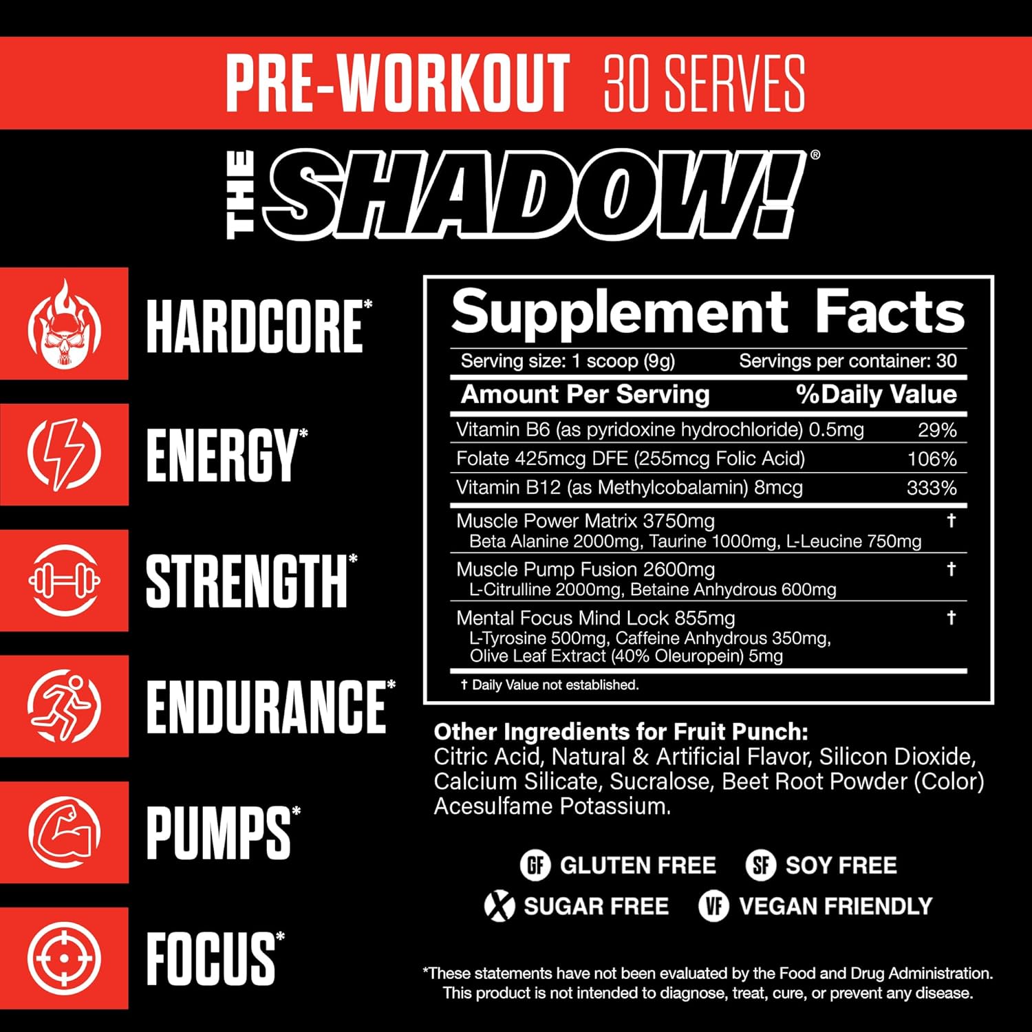 JNX SPORTS The Shadow! 350mg of Caffeine Hard Core Preworkout - Fruit Punch 30 Servings | Electric Energy, Mental Focus & Superhuman Strength for Men & Women