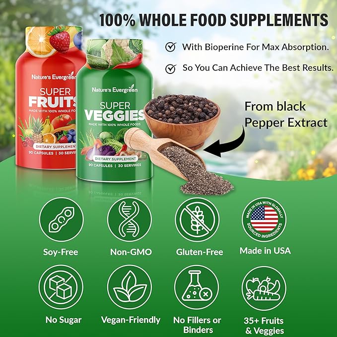 Fruits and Veggies Supplement - Nature Fruits and Vegetables Supplements - Vegan, Non GMO, Soy Free, Superfood Vitamins & Minerals Nutritional Balance - (Total 180 Capsules - Pack of 2) Made in USA