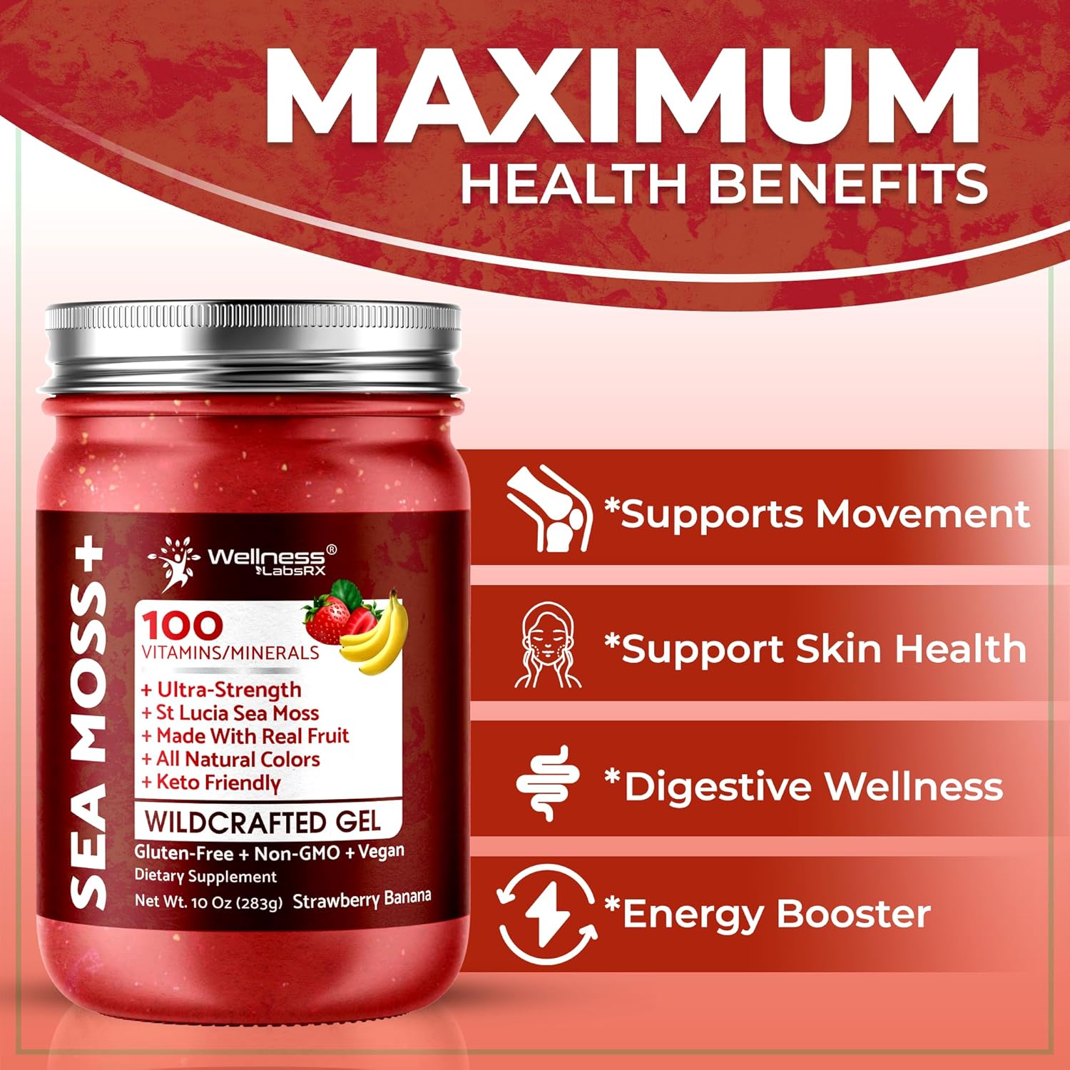 Irish Sea Moss Gel Raw - Wildcrafted Superfood Seamoss Gel - Strawberry Banana Flavor, Vitamin and Mineral-Rich from Pristine Caribbean Waters, Immune and Digestive Health Support - 10 oz.
