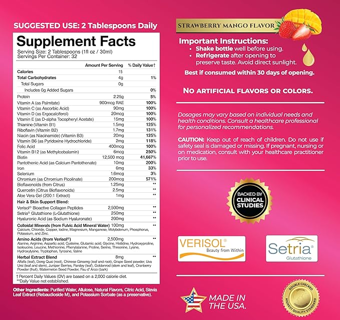 Tropical Oasis Women's Liquid Multivitamin + Hair Growth | 2.5g Verisol Collagen | Biotin 12500mcg | Clinically Tested for Thicker Hair, Wrinkles, Brighter Skin, Strong Nails | 32 Serv