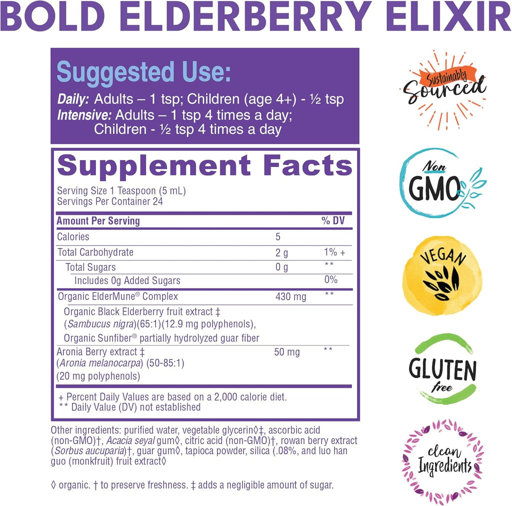 Bold Botanica Elderberry Elixir – 65x Concentrated Extract - Sugar-Free - Kid Friendly - Black Elderberry Syrup with Aronia Berry for Immune Support - 4 Fl. Oz.