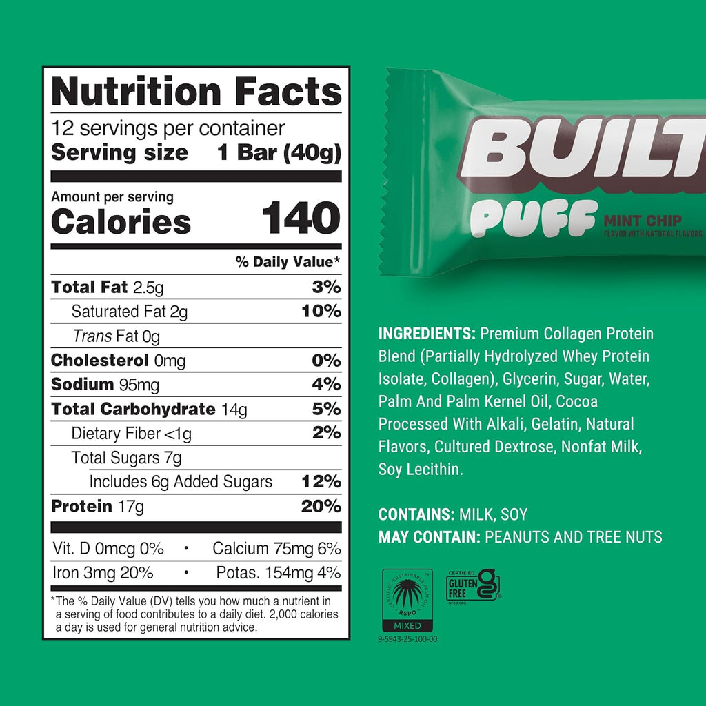 Built Bar, Puff Protein Bars, Mint Chip Puff, 17g Protein Snacks, On-The-Go Bars, Only 140 Calories, 6g Sugar, Collagen, Gluten Free, 12 Count