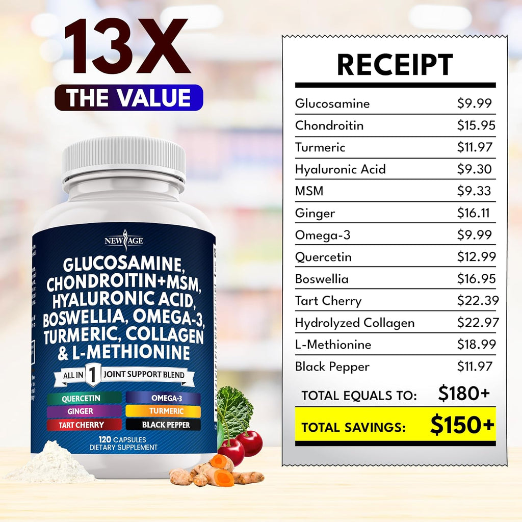 Glucosamine Chondroitin, MSM, Turmeric Curcumin, Collagen, Hyaluronic Acid, Omega 3 – Health Supplement for Men & Women – 360 Count
