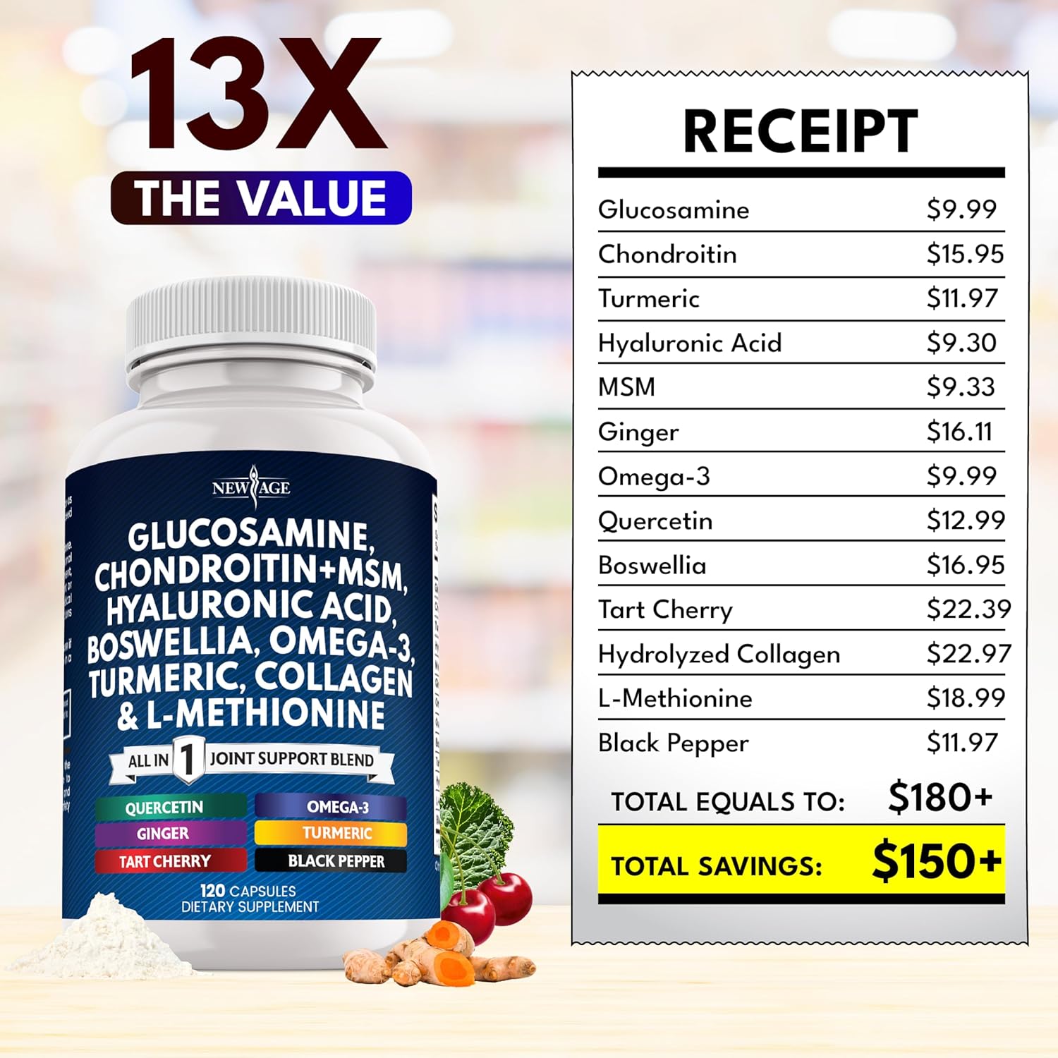Glucosamine Chondroitin, MSM, Turmeric Curcumin, Collagen, Hyaluronic Acid, Omega 3 – Joint Health Supplement for Men & Women – 120 Count