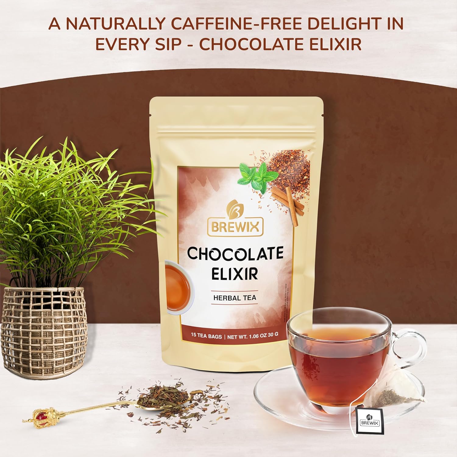 BREWIX, Chocolate Rooibos Herbal Tea Bags, (15 Pyramid Tea Bags) | Red Tea with Cocoa | Rooibos, Cinnamon, Spearmint, Peppermint Tea | Naturally Caffeine-Free