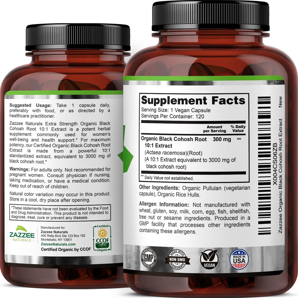 Zazzee USDA Organic Black Cohosh 10:1 Extract, 3000 mg Strength, 120 Vegan Capsules, 4 Month Supply, Standardized and Concentrated 10X Extract, 100% Vegetarian, All-Natural, Non-GMO, Made in The USA