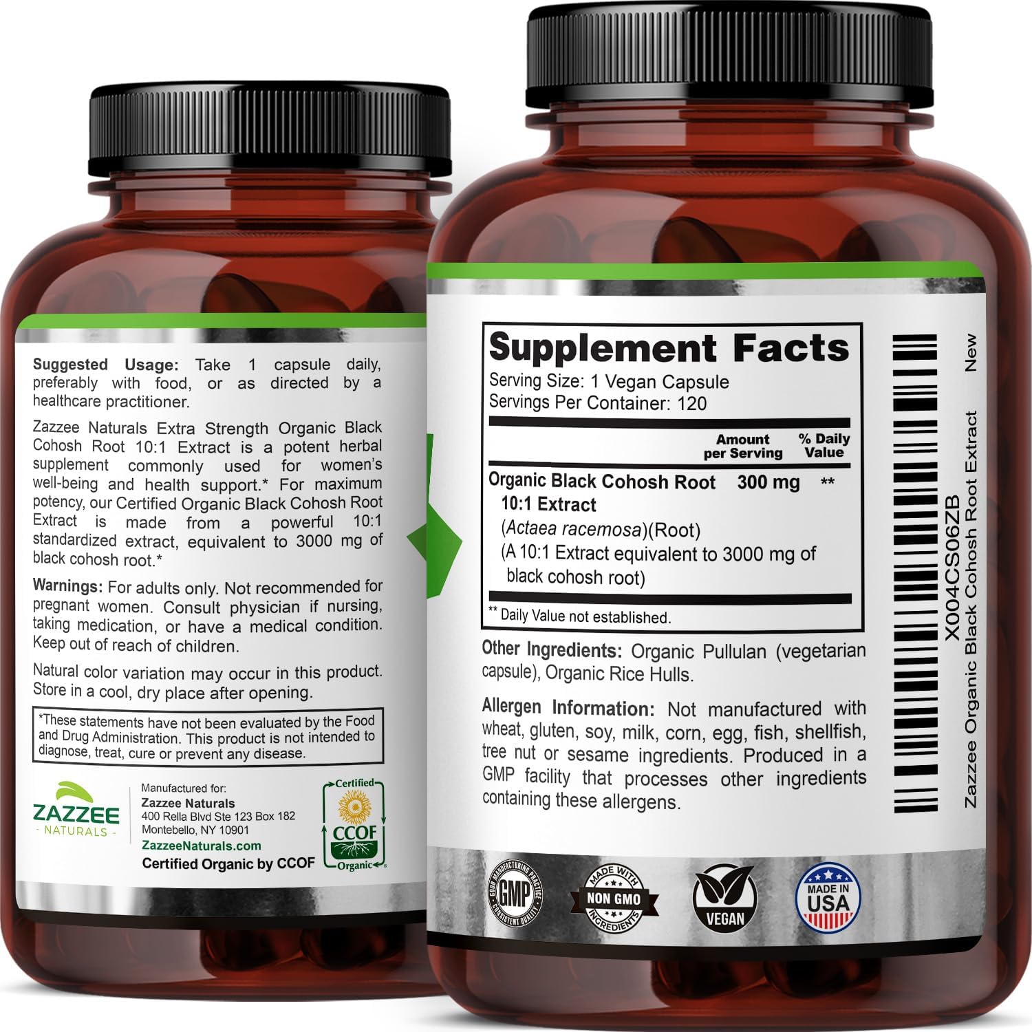 Zazzee USDA Organic Black Cohosh 10:1 Extract, 3000 mg Strength, 120 Vegan Capsules, 4 Month Supply, Standardized and Concentrated 10X Extract, 100% Vegetarian, All-Natural, Non-GMO, Made in The USA