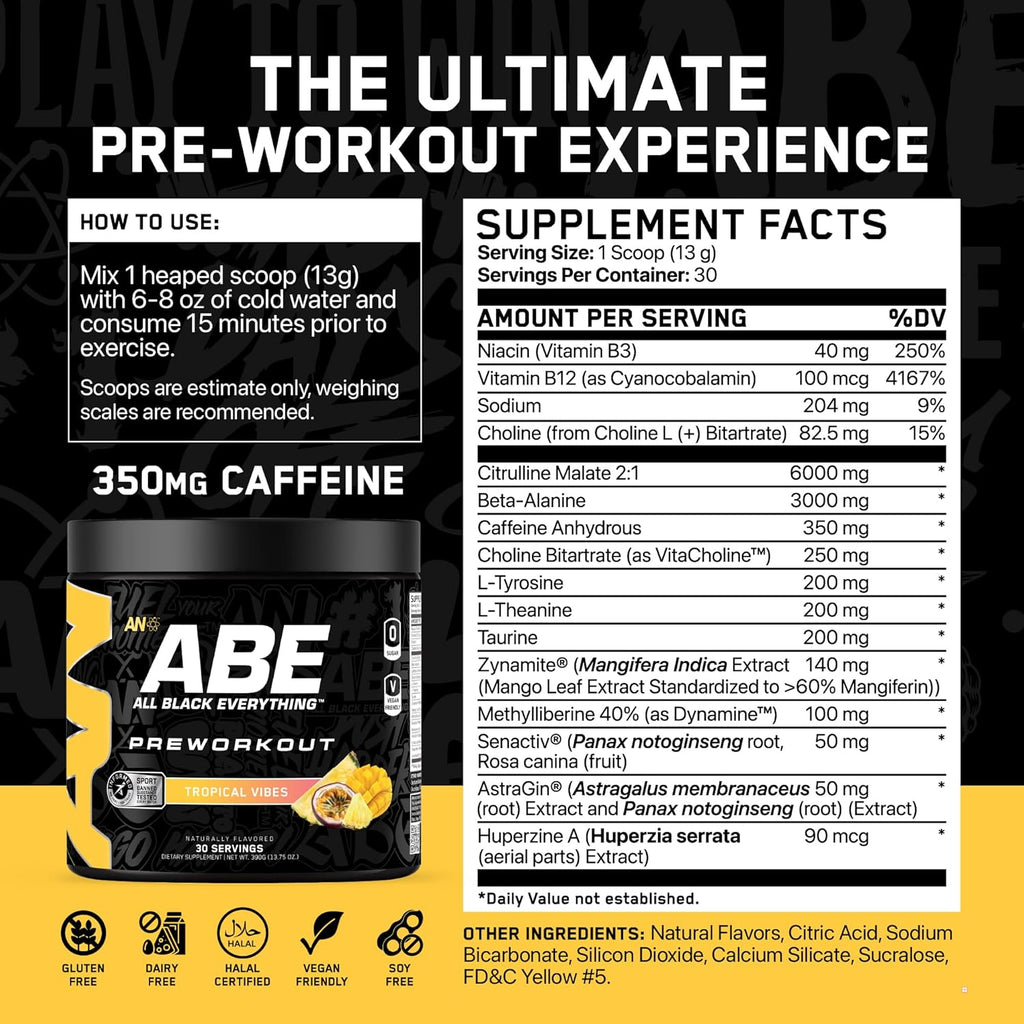 All Black Everything Pre Workout Powder | 30 Servings | Tropical Vibes | 350mg Caffeine | Nootropic Pre-Workout Blend | Beta Alanine + Citrulline | Energy Supplement for Men and Women