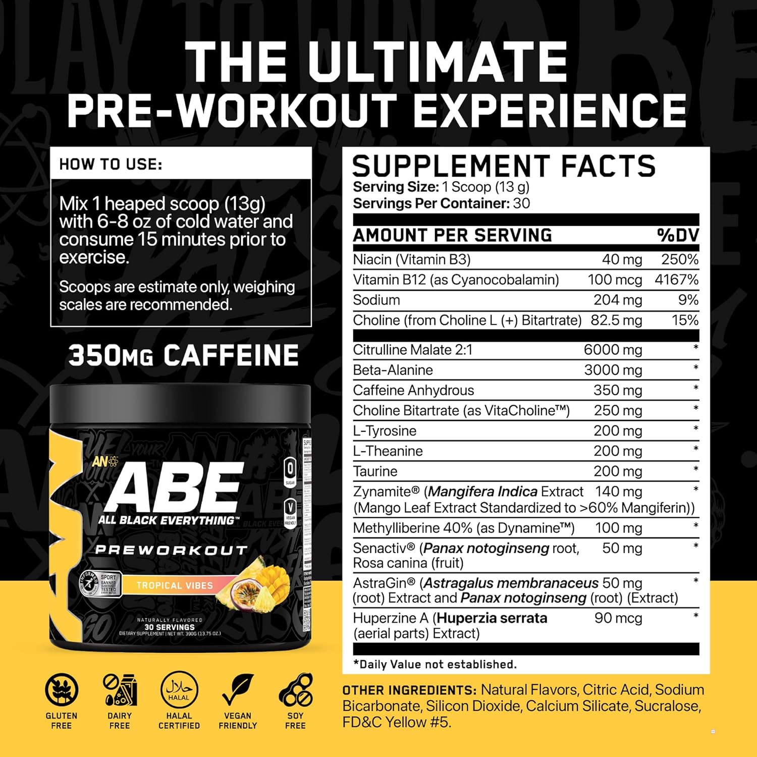 All Black Everything Pre Workout Powder | 30 Servings | Tropical Vibes | 350mg Caffeine | Nootropic Pre-Workout Blend | Beta Alanine + Citrulline | Energy Supplement for Men and Women
