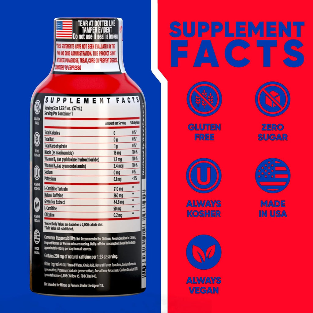 Vitamin Energy Focus+ Extra Strength Energy Shot Fruit Punch 12 Pack, 260mg Natural Caffeine, B-Vitamins, CoQ10, Amino Acids, Focus, Productivity & Clarity, Zero Sugar, Gluten-Free, 1.93 fl oz