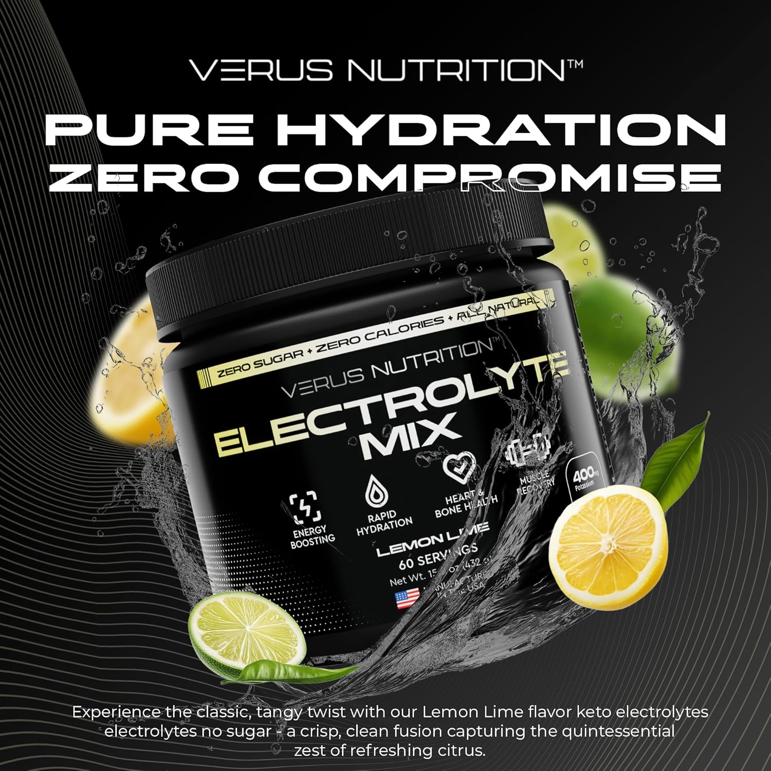 Electrolytes Powder No Sugar- Zero Calorie Hydration Powder | Sugar Free Electrolytes for Fasting, Keto & Vegan | Natural Ingredients Electrolyte Mix for Energy Boost, 60 Servings