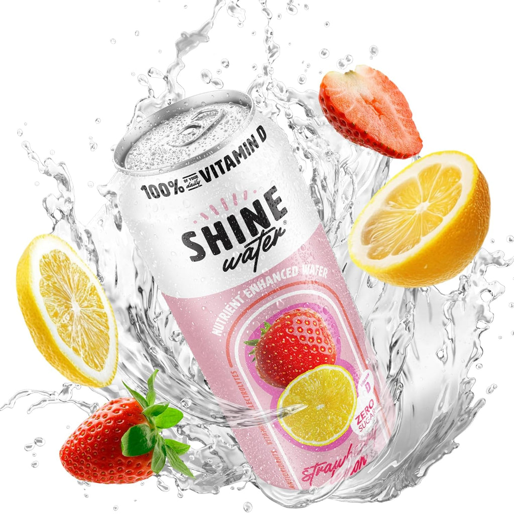 ShineWater Vitamin D Hydration Electrolyte Drink - Flavored water with electrolytes, Sugar-Free, Magnesium, Zinc, Vitamin B12, Plant-Based, Low Calorie - Strawberry Lemon Fruit Water 12 Pack