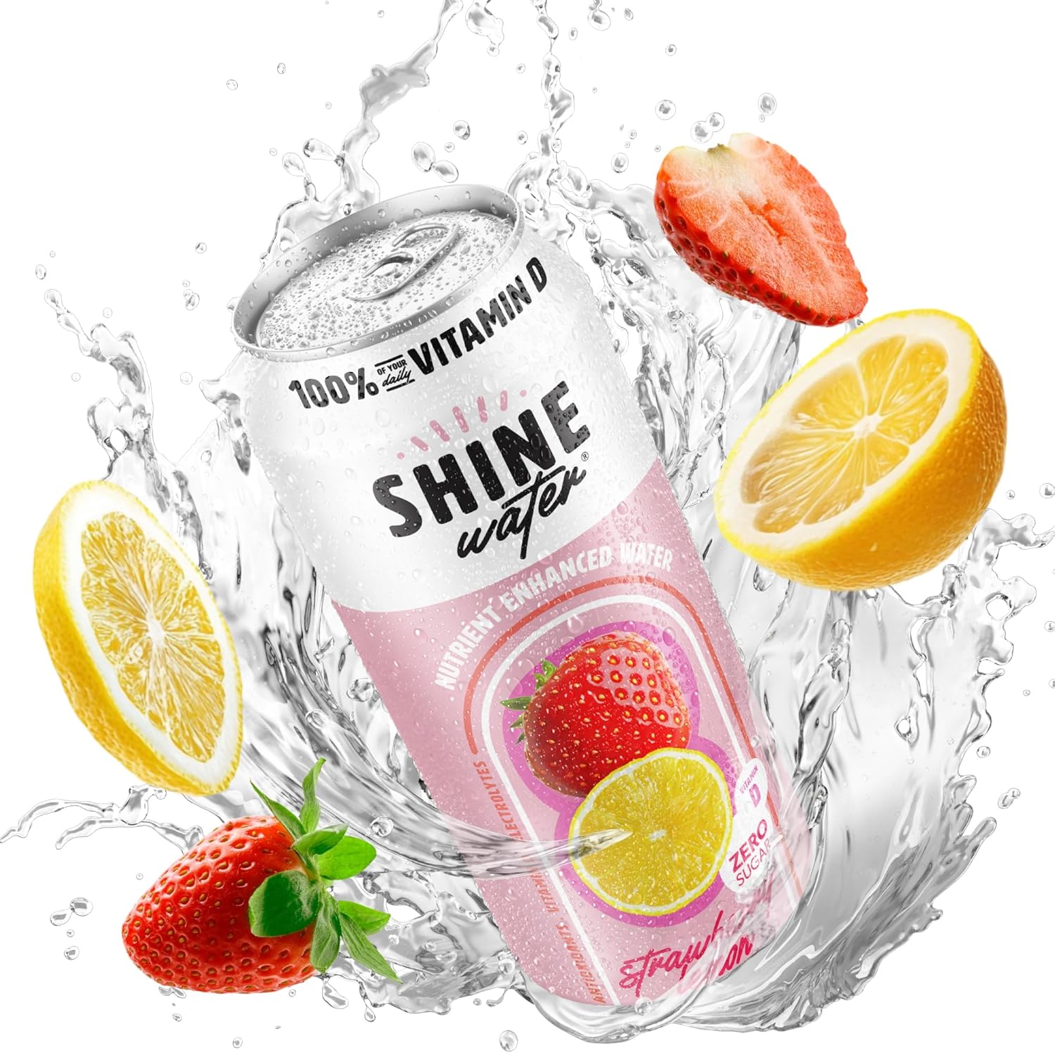 ShineWater Vitamin D Hydration Electrolyte Drink - Flavored water with electrolytes, Sugar-Free, Magnesium, Zinc, Vitamin B12, Plant-Based, Low Calorie - Strawberry Lemon Fruit Water 12 Pack