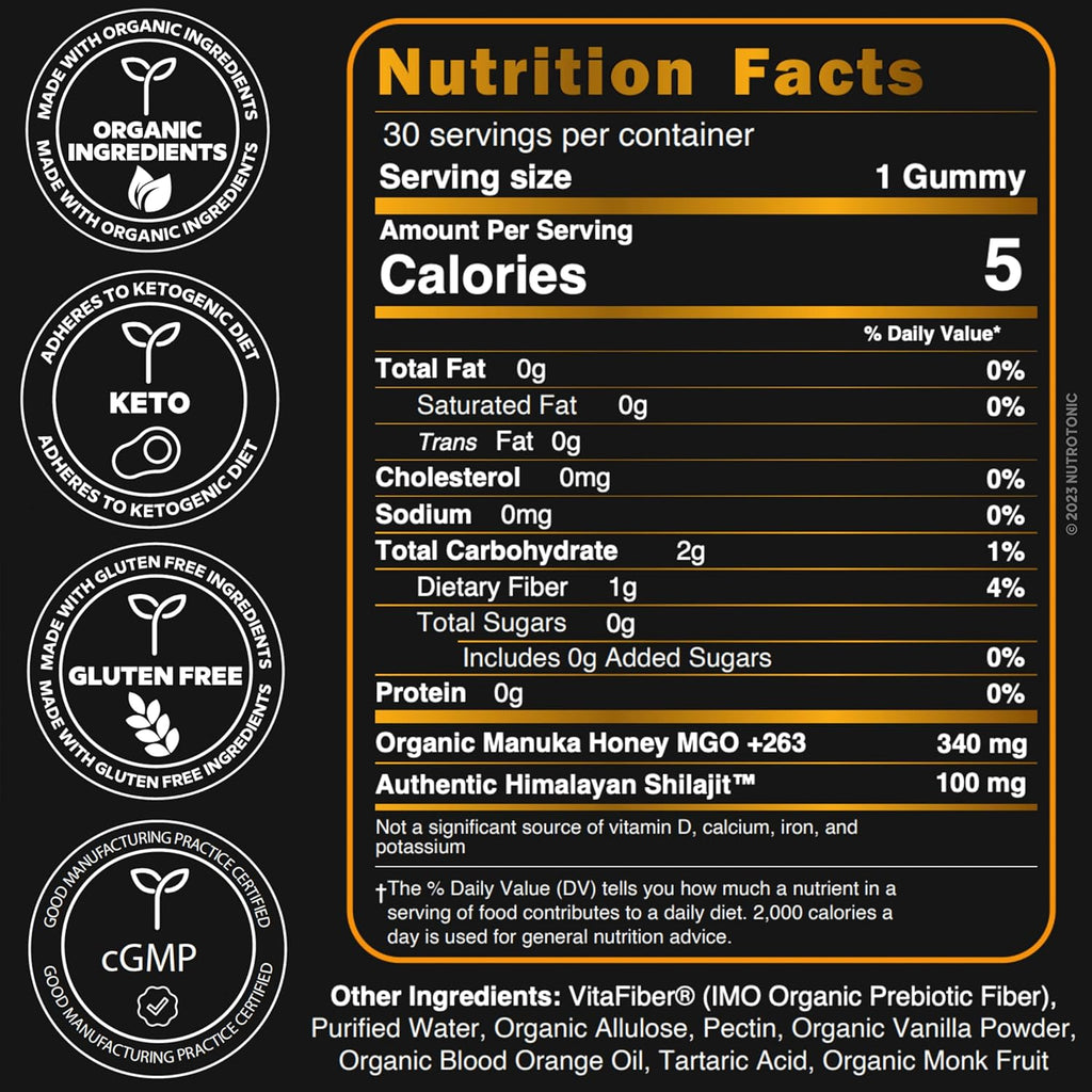 Organic SHILAJIT Gummies by NutroTonic | Cane Sugar Free, Sweetened by Organic Manuka Honey | Clean Formula | Natural Fulvic & Humic Acid | Heart & Brain, Cellular Health | 30 Healthy Gummies (1)