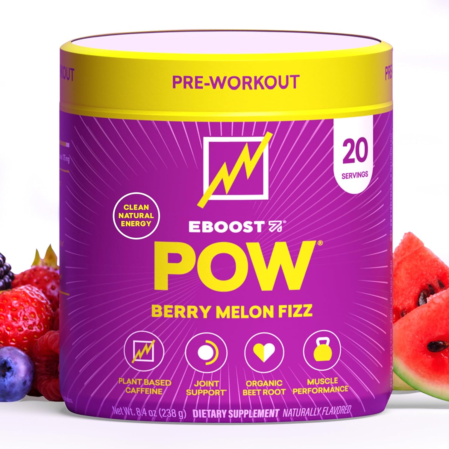 EBOOST POW Natural Pre Workout Powder - 20 Servings - Berry Melon Fizz - Pre Workout Supplement for Performance, Joint Mobility Support, Energy, Focus - Men & Women - Non-GMO, Gluten-Free, No Creatine