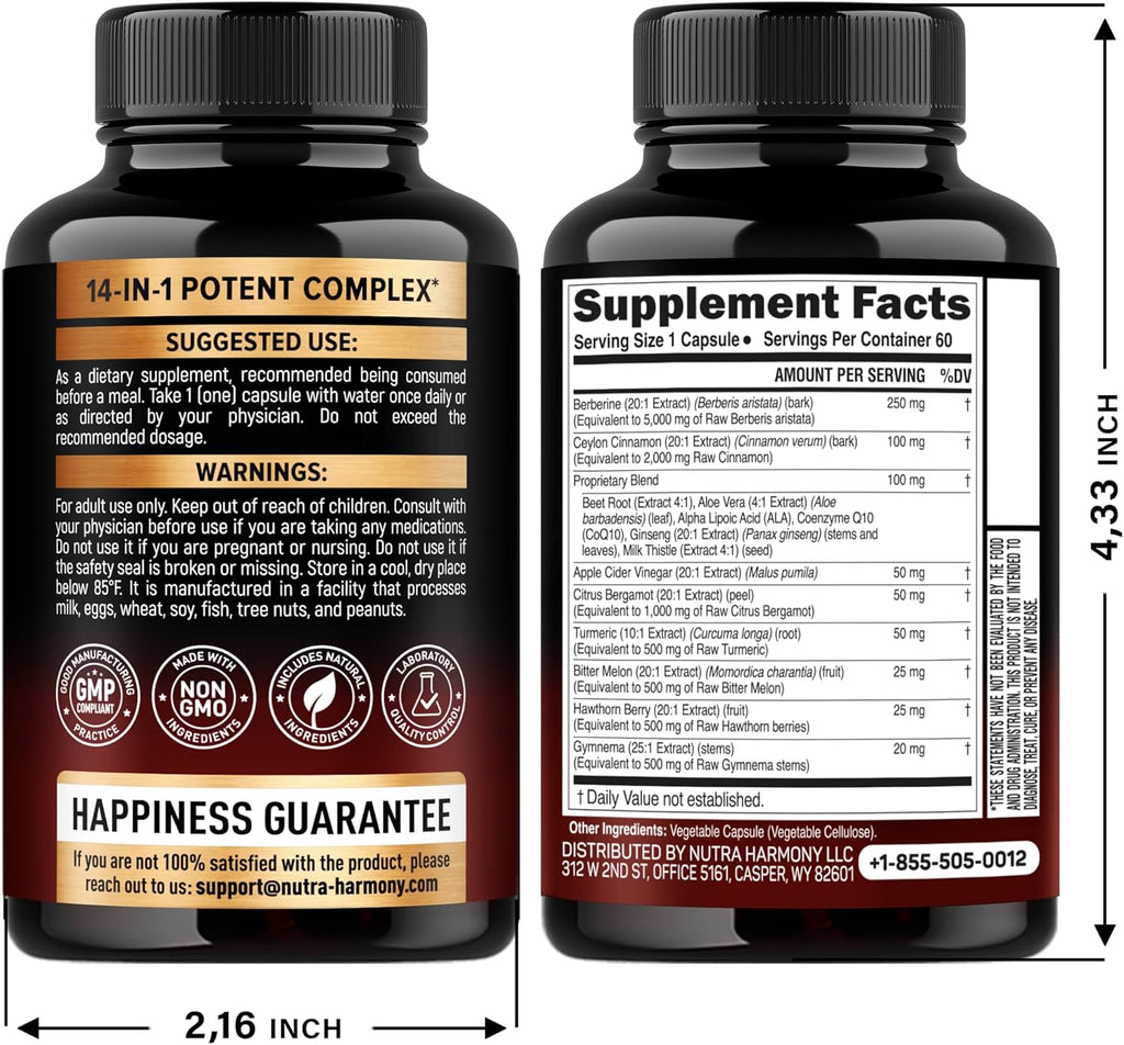 Berberine with Ceylon Cinnamon | Gymnema Extract | Apple Cider Vinegar | Hawthorn Berry | Citrus Bergamot | Bitter Melon - 14-in-1 Supplement for Heart Support, Metabolism & Energy - Vegan 60 Capsules
