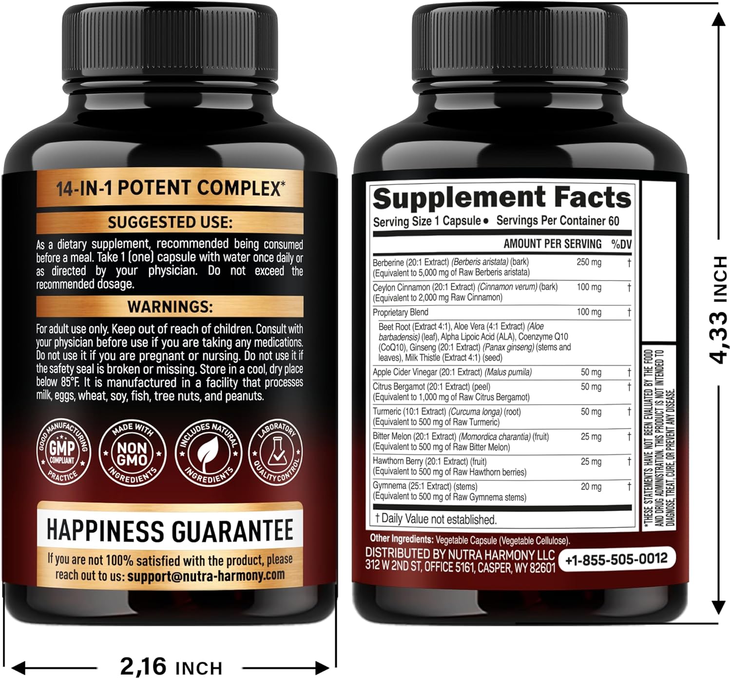 Berberine with Ceylon Cinnamon | Gymnema Extract | Apple Cider Vinegar | Hawthorn Berry | Citrus Bergamot | Bitter Melon - 14-in-1 Supplement for Heart Support, Metabolism & Energy - Vegan 60 Capsules