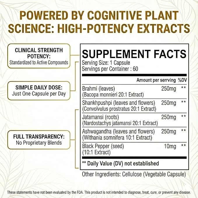 Pure Prana Ayurvedic Brain Supplement – Natural Nootropic for Memory, Focus & Clarity – Plant-Based Cognitive Support with Brahmi, Ashwagandha & Gotu Kola – Vegan Formula for Men & Women