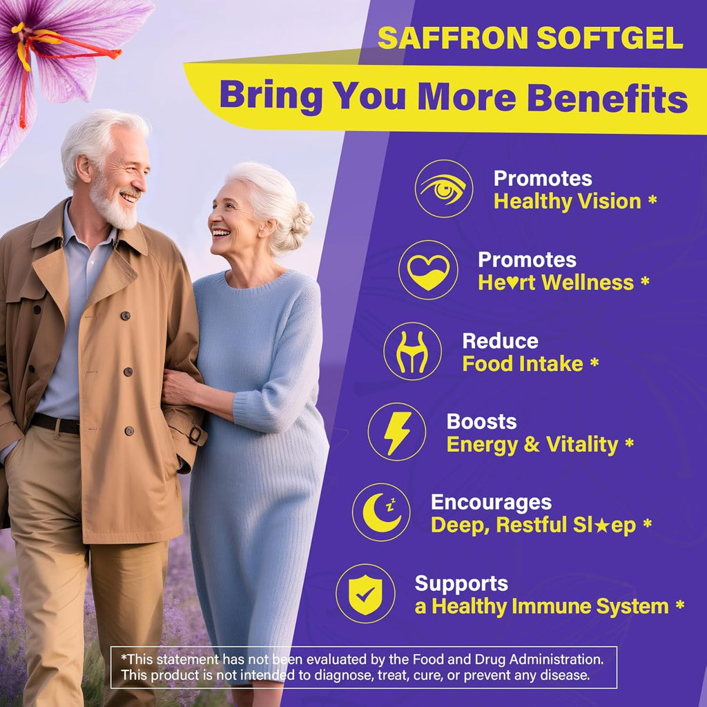 Saffron Supplements - 100mg Liposomal High Absorption 100% Pure Saffron Extract with Magnesium Glycinate, Omega-3, Turmeric, Ashwagandha, Vitamin B6, B12, D3 for Mood, Brain - 60 Softgels.