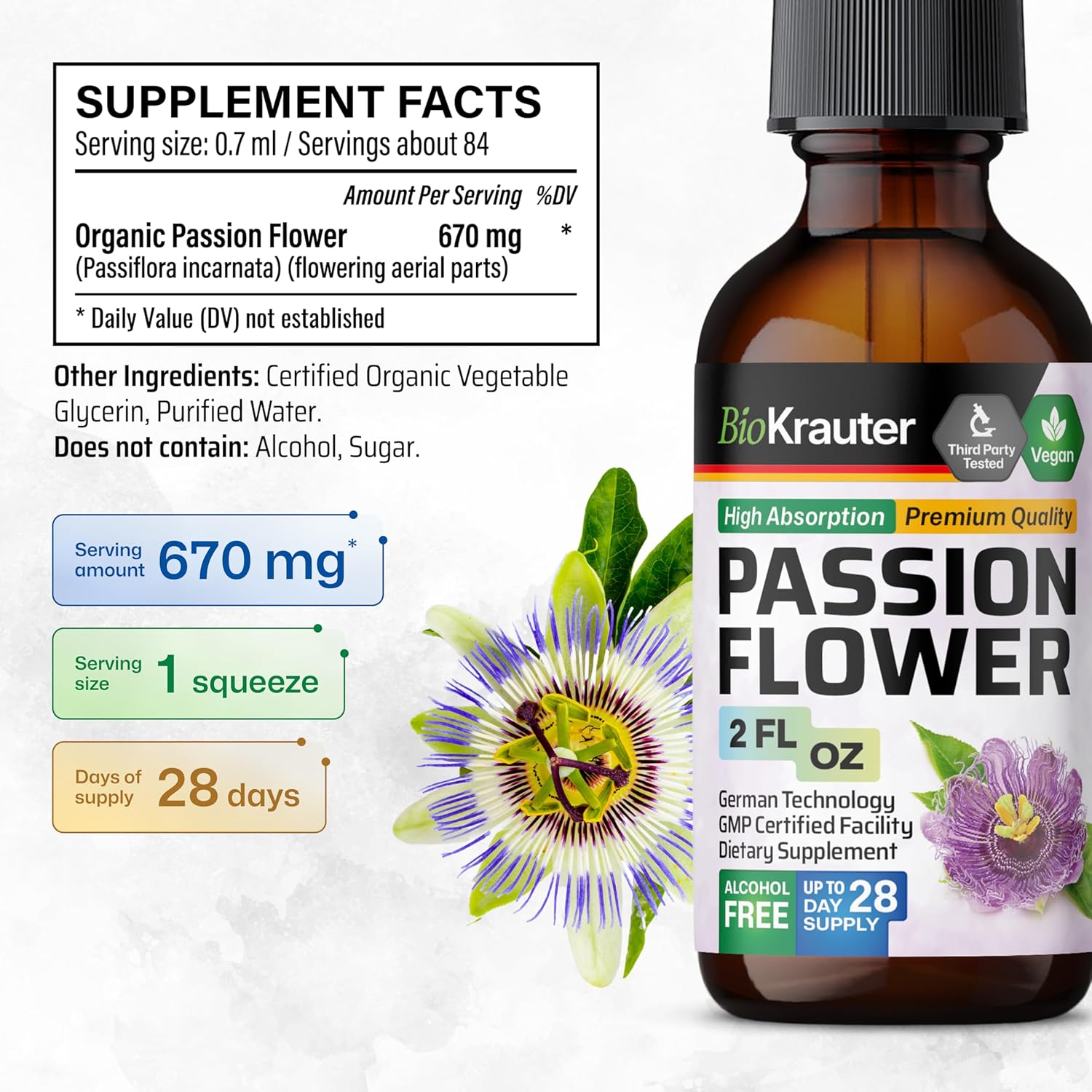 BIO KRAUTER Passionflower Tincture - Passion Flower Extract for Mood Support - Alcohol and Sugar Free - Vegan Drops 2 Fl.Oz.