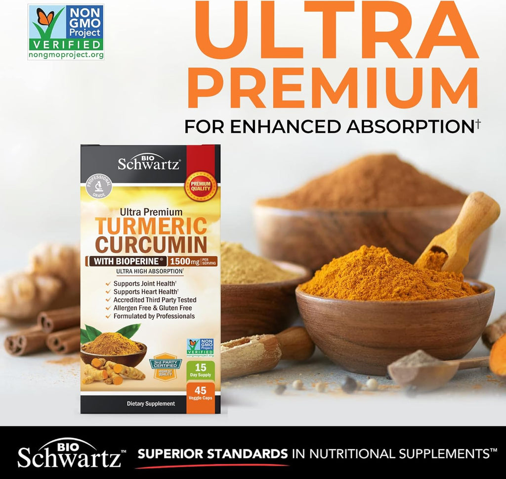 Turmeric Curcumin with Black Pepper Extract 1500mg - High Absorption Ultra Potent Turmeric Supplement with 95% Curcuminoids and BioPerine - Non GMO Tumeric Capsules for Joint Support - 45 Capsules