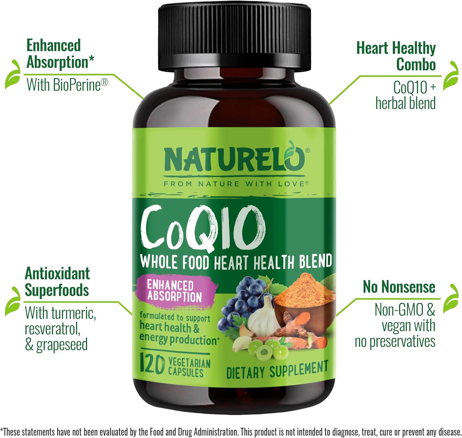 NATURELO Whole Food CoQ10 with Heart Health Blend, Powerful Antioxidant for Energy Production, 120 Capsules