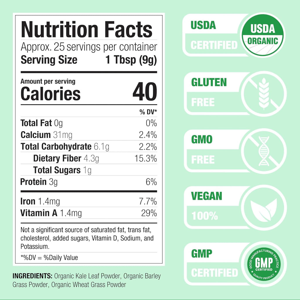 Nature Restore Greens Superfood Powder, USA Grown, Organic Kale, Barley Grass, Wheatgrass, Unsweetened, 8 Ounces, Made in USA