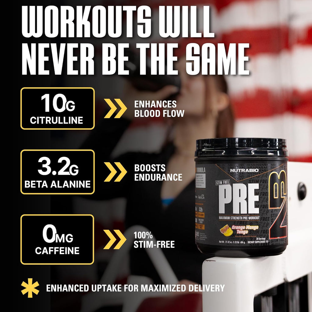 NutraBio STIM-Free PRE Workout for Men, New Formula | Laser Focus, Extreme Pumps | Performance, Endurance | 10g Citrulline, Beta Alanine, Nitrates, Nootropics, Electrolytes - 20 Servings Orange Mango