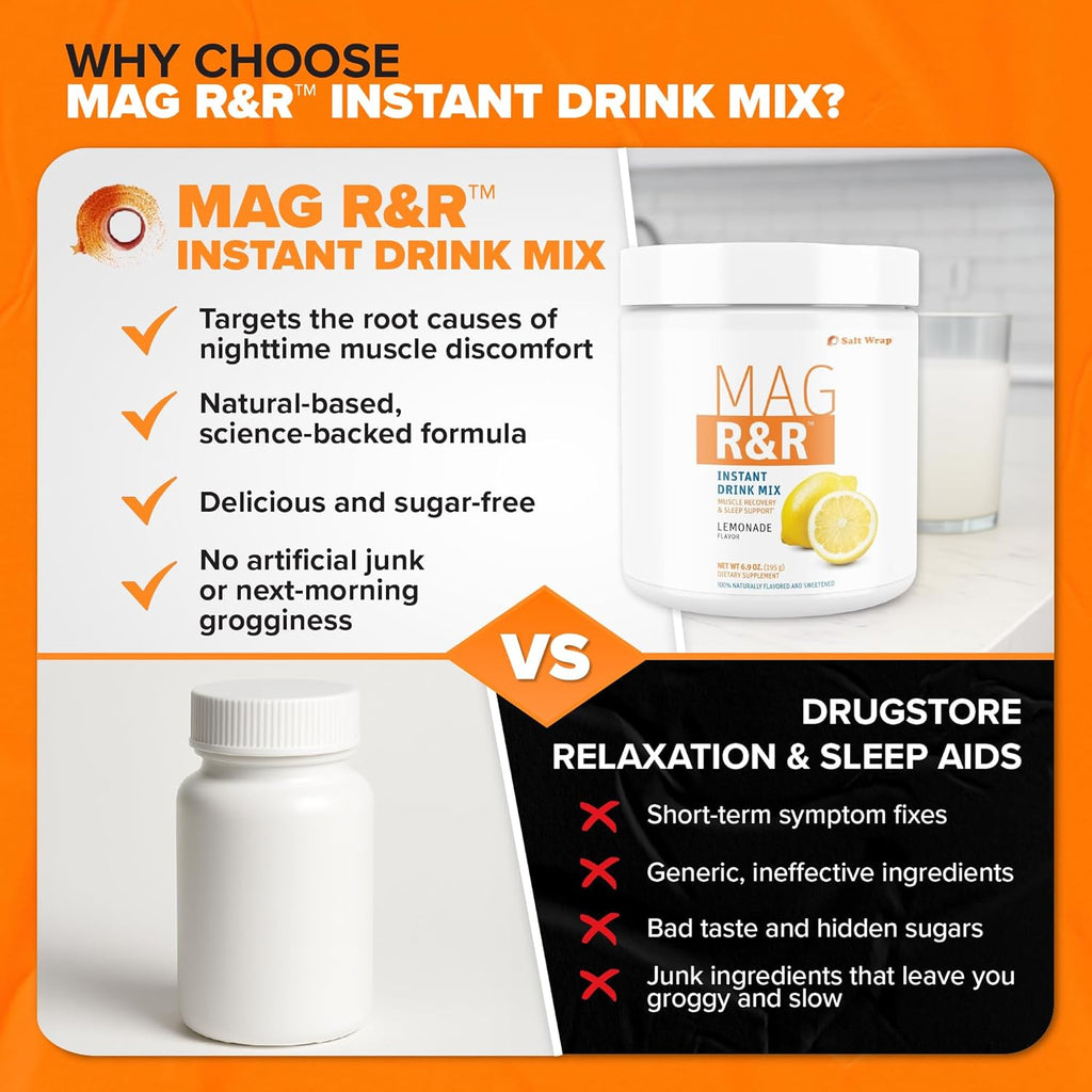 SaltWrap Mag R&R Instant Drink Mix - Sugar-Free Nighttime Magnesium Glycinate Powder with Stevia & FiberSMART® - Muscle Cramp & Leg Cramps Relief, Sleep & Relaxation Support - 30 Servings