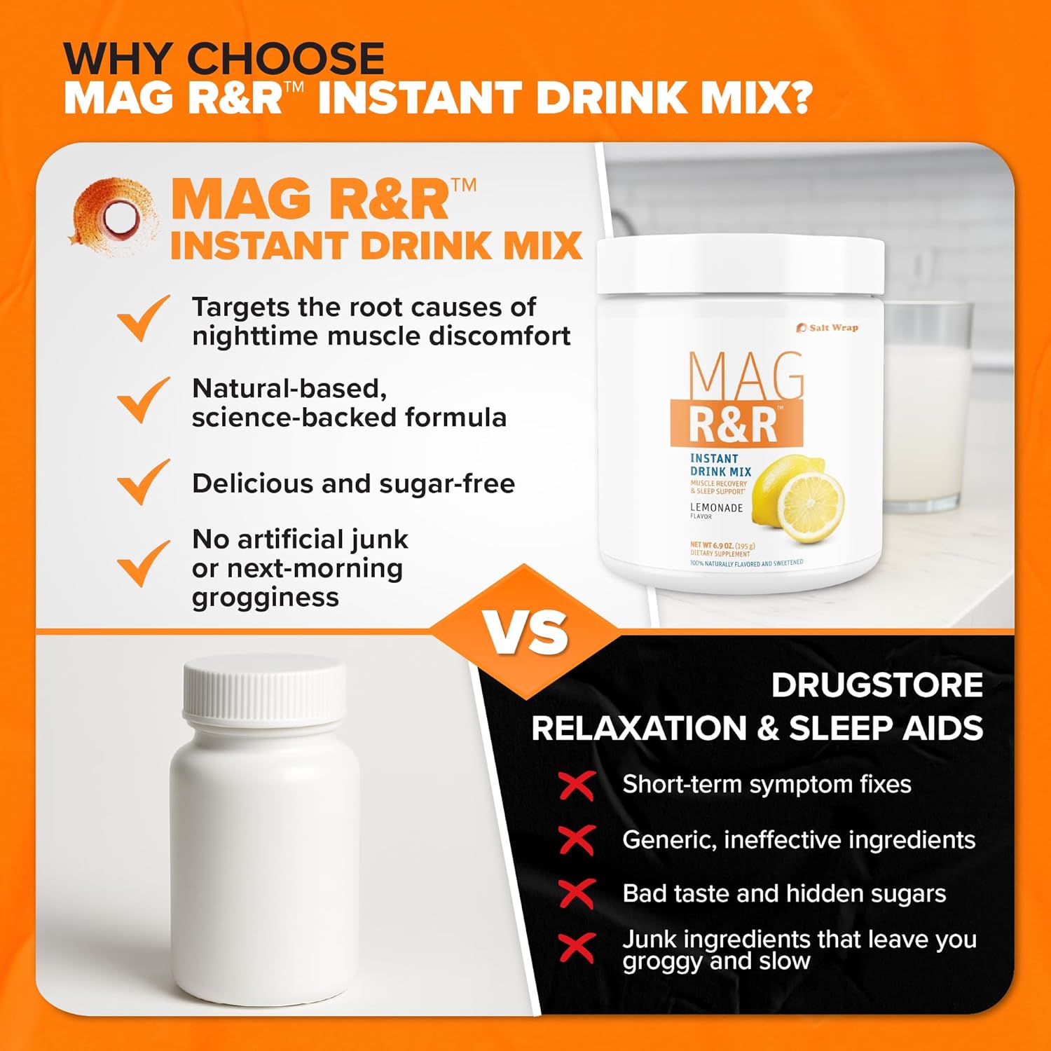 SaltWrap Mag R&R Instant Drink Mix - Sugar-Free Nighttime Magnesium Glycinate Powder with Stevia & FiberSMART® - Muscle Cramp & Leg Cramps Relief, Sleep & Relaxation Support - 30 Servings