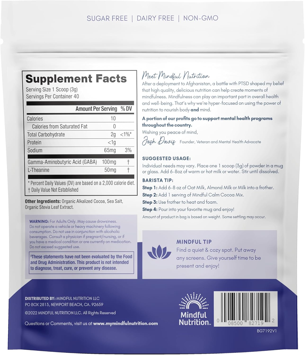 Mindful Calm Sugar Free Hot Chocolate Mix - 40 Servings - Anti-Stress Drink Mix Powder Sleepy Cocoa Nighttime Relaxation Natural Sleep Aid