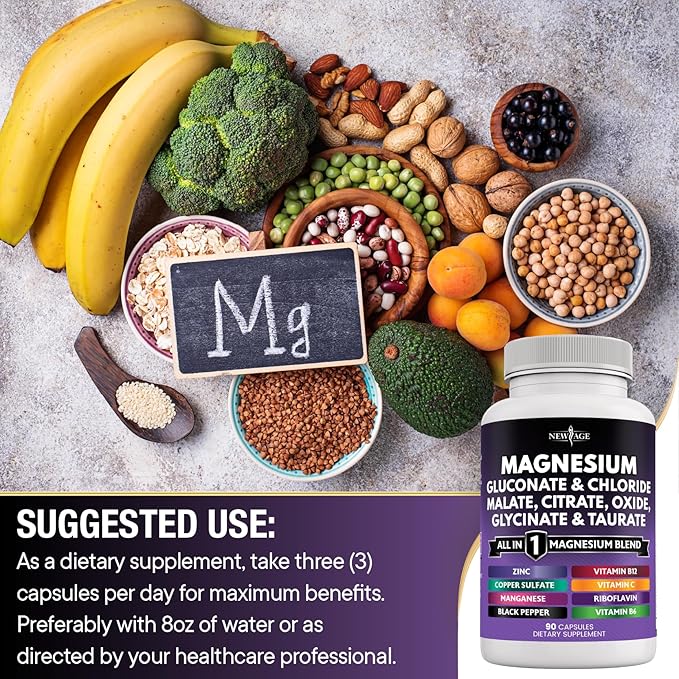 NEW AGE Magnesium Supplement -Powerful Glycinate Citrate Malate Oxide Taurate Aspartate Gluconate Orotate & Mag Chloride Manganese, Joint Support- 180 Count