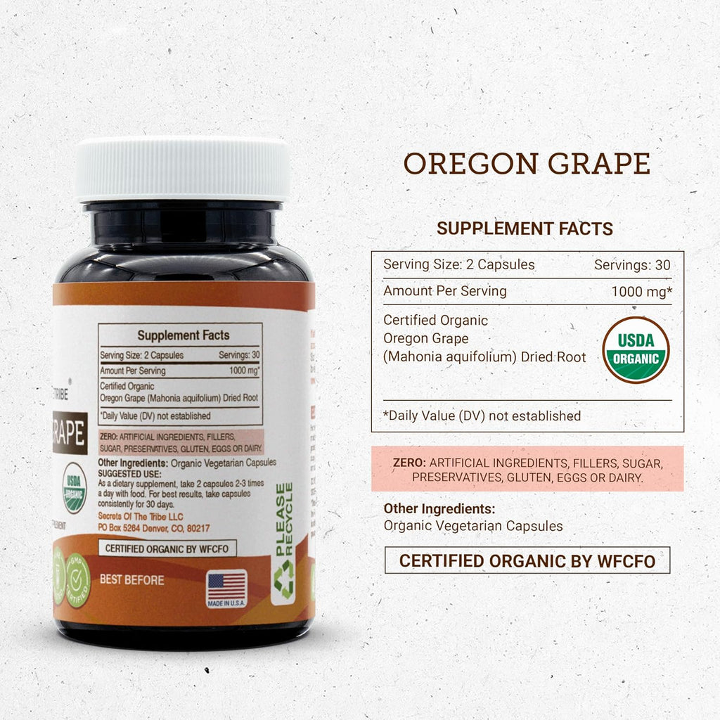 Secrets of the Tribe Oregon Grape USDA Organic Capsules | Certified Organic Vegetarian Capsules, Herbal Dietary Supplement | Mahonia aquifolium Dried Root (60 Count)