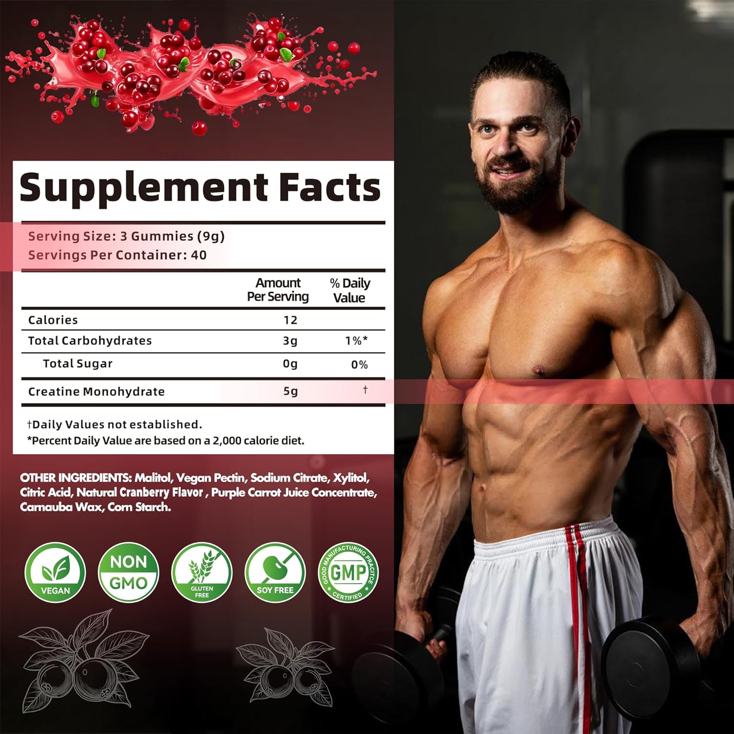 Creatine Monohydrate Gummies for Men & Women-5g of Creatine Monohydrate per Serving - Sugar Free,Vegan, Cranberry Flavor, 120 Count