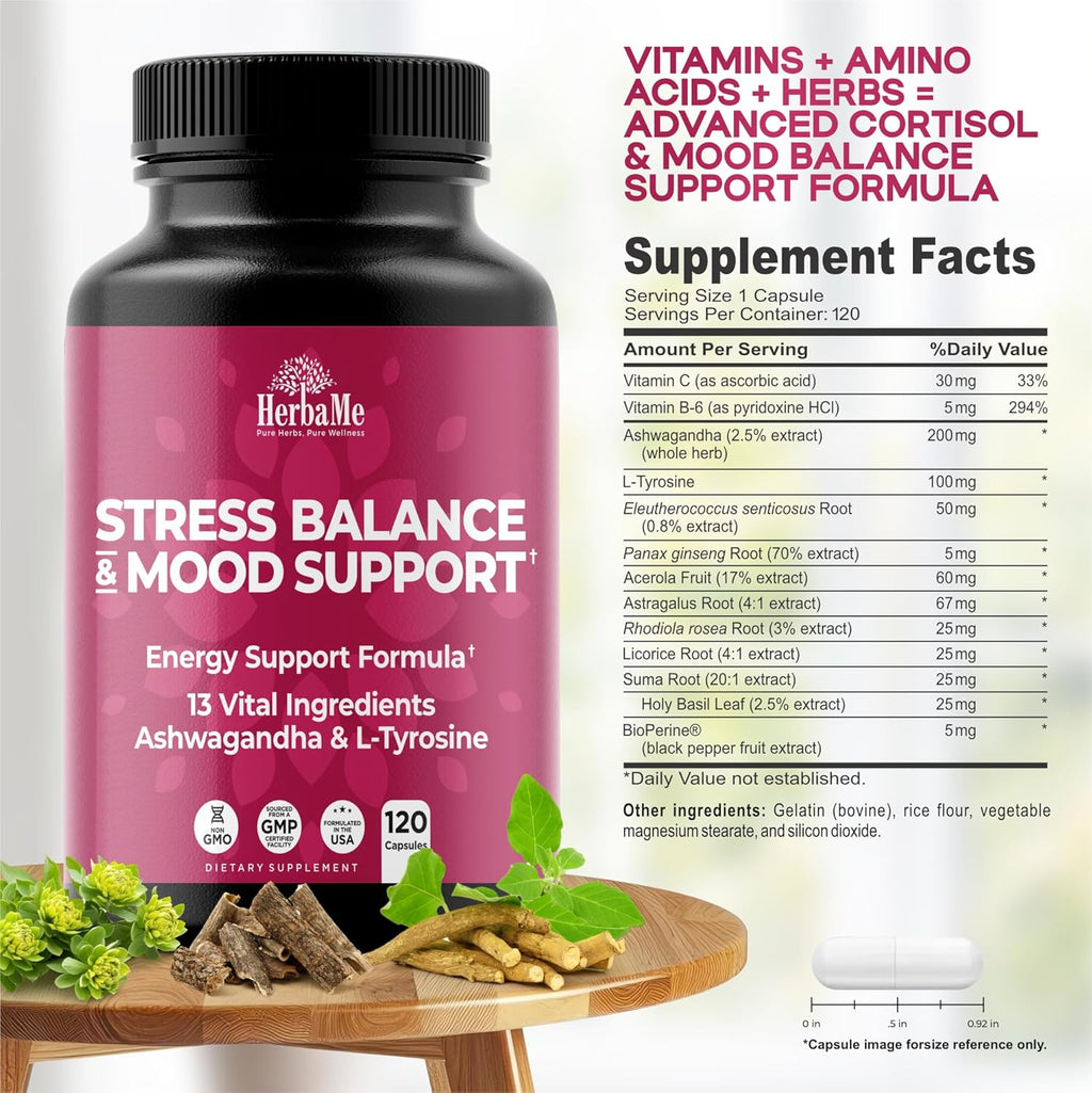 Cortisol Manager Supplement and Balance Mood with Ashwagandha & L-Tyrosine, 120 Capsules, Helps Maintain Healthy Energy Levels and Stress Relief, Fatigue Reducer Pills
